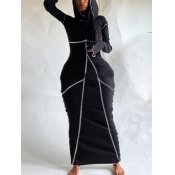 LW Casual Hooded Collar Striped Black Ankle Length
