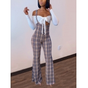LW Sweet Lace-up Grid Print Khaki Two-piece Pants 