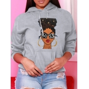 LW Men Cartoon Print Kangaroo Pocket Hoodie