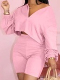 LW BASICS Casual Zipper Design Pink Two-piece Shorts Set