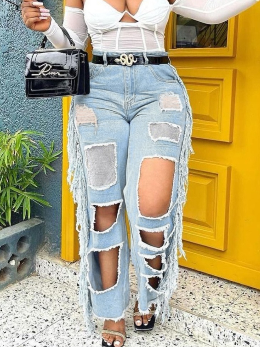 LW Ripped Tassel Design Jeans (No Stretch)