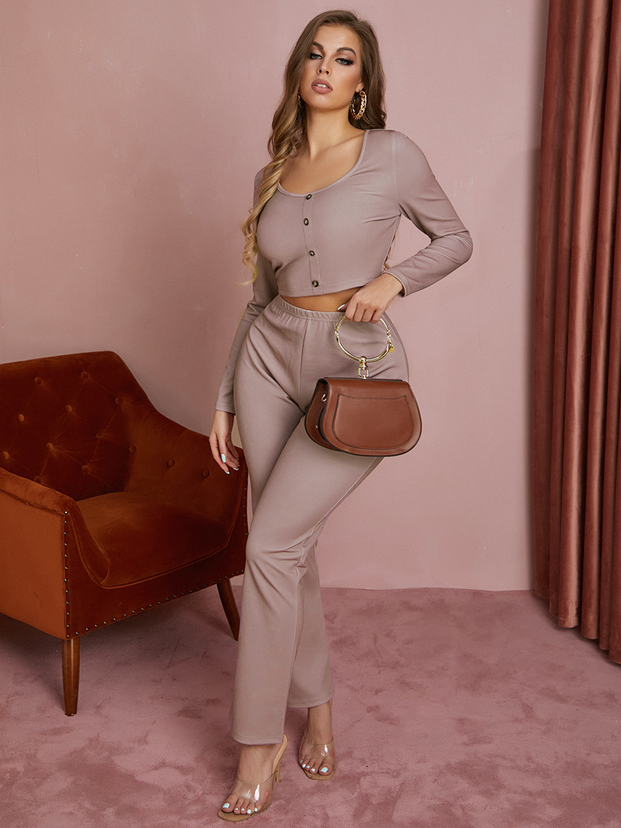 LW BASICS Button Design Crop Top Pants Set