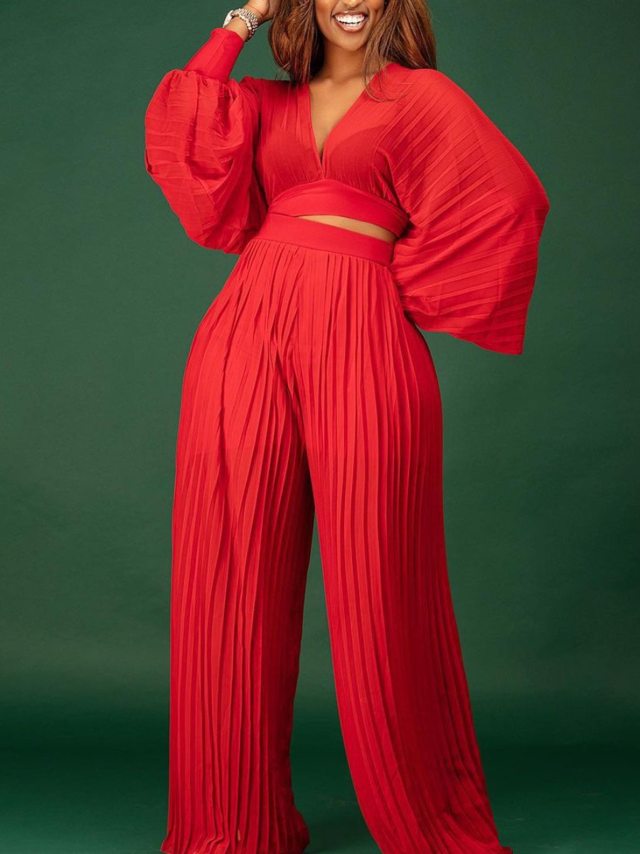 LW SXY Chiffon Ruched Wide Leg Cropped Pants Set