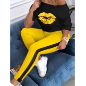 LW Casual Lip Print Yellow Two-piece Pants Set