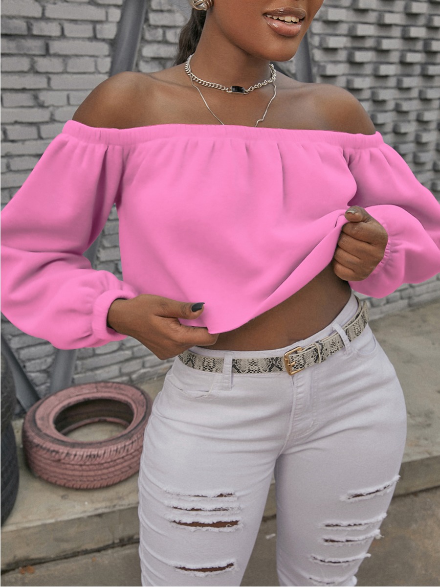 LW SXY Off The Shoulder Shirred Solid Sweatshirt