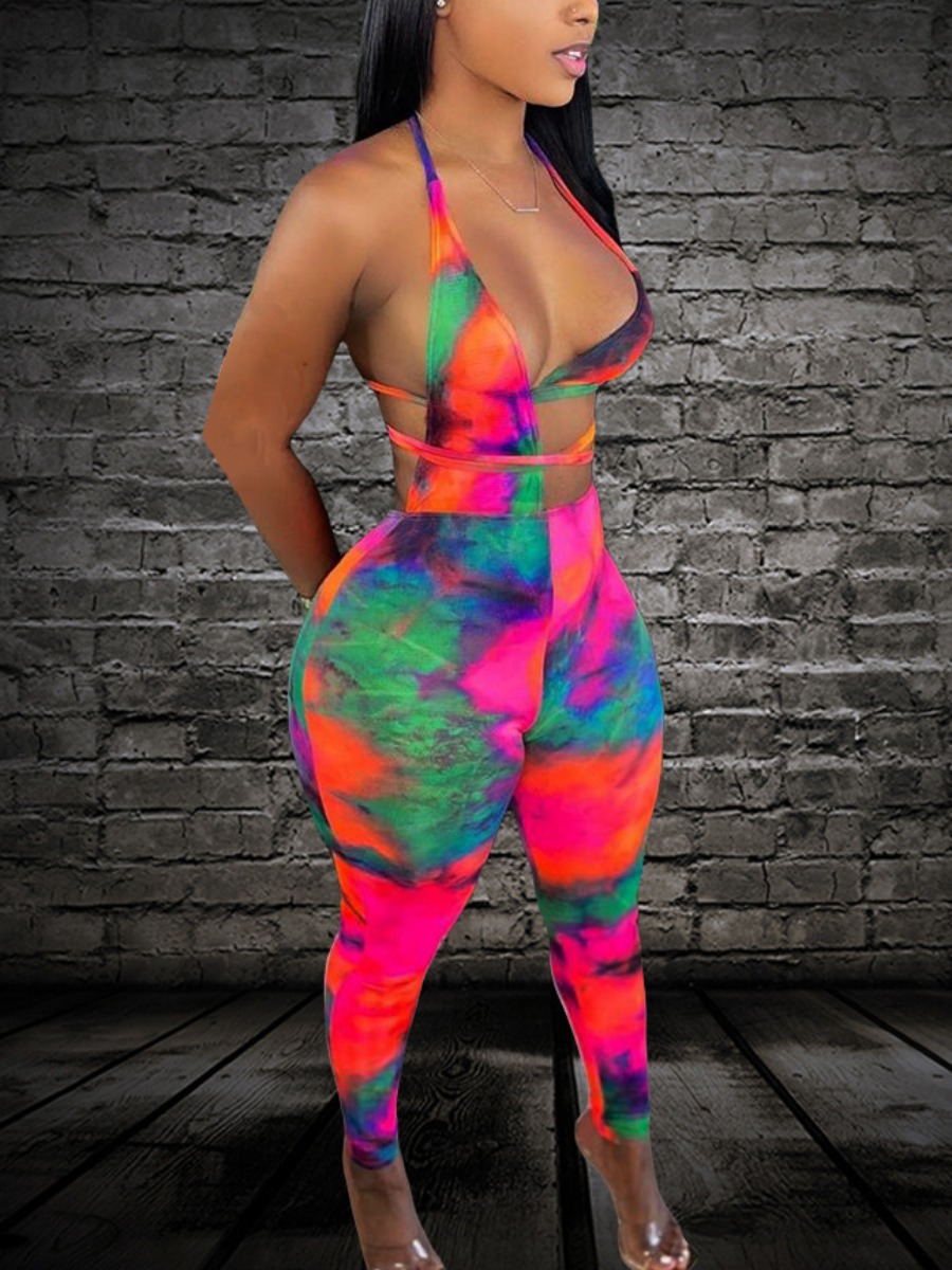 LovelyWholesale SXY Backless Tie Back Patchwork Jumpsuit Spring|Summer Sleeveless Sxy Bandage Design Halter Spring Summer 2024