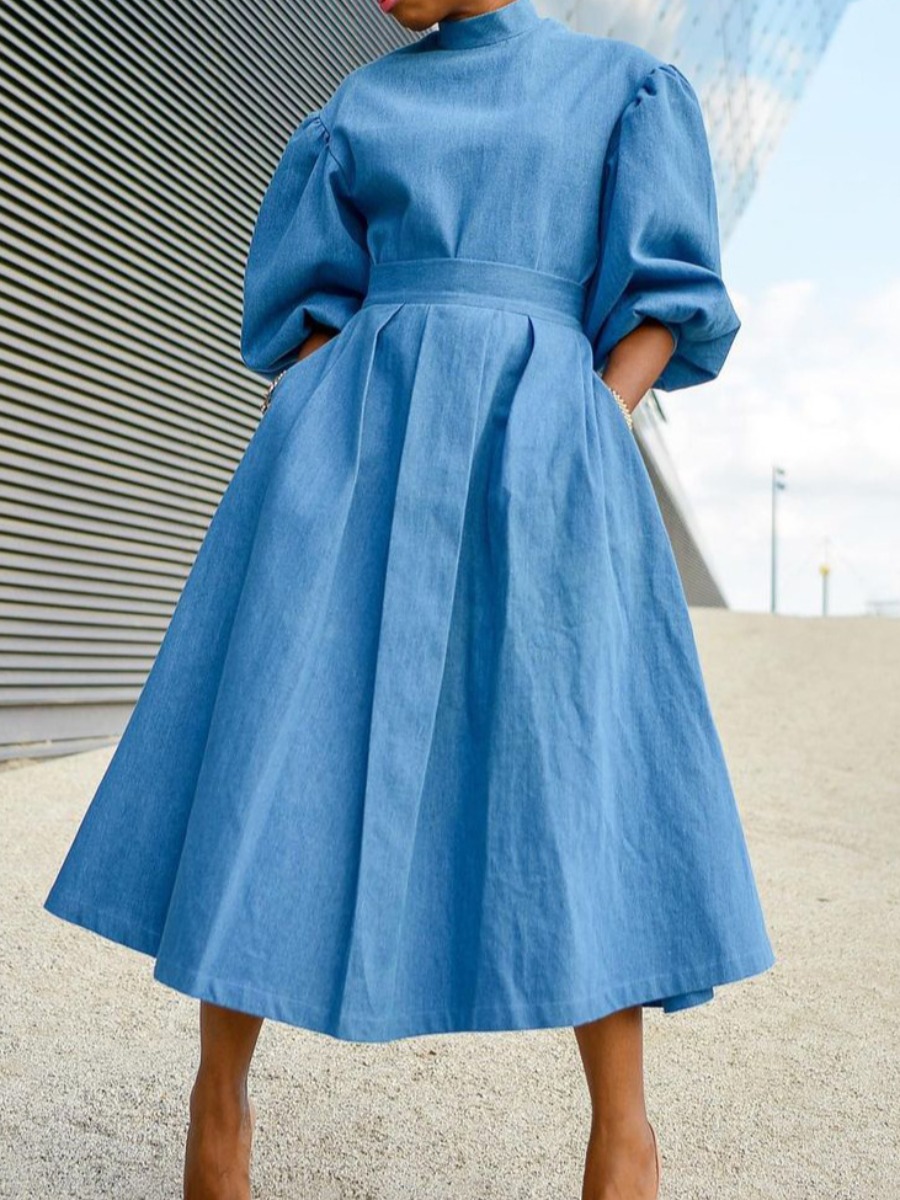 LW Puff Sleeve Fold Design A Line Dress