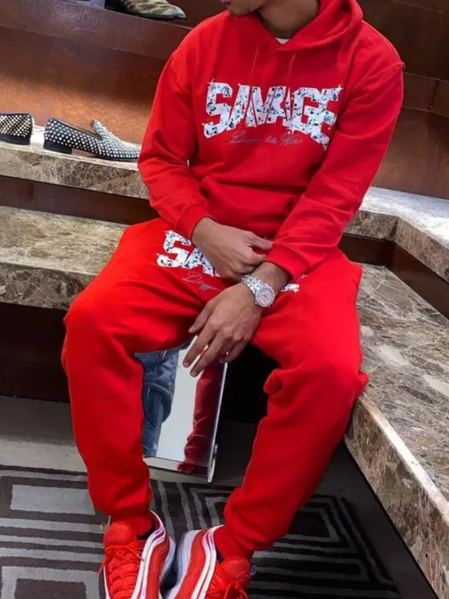 LovelyWholesale Men Letter Print Loose Tracksuit Set Fall Long Sleeve Sporty Hooded Collar Spring Summer 2024