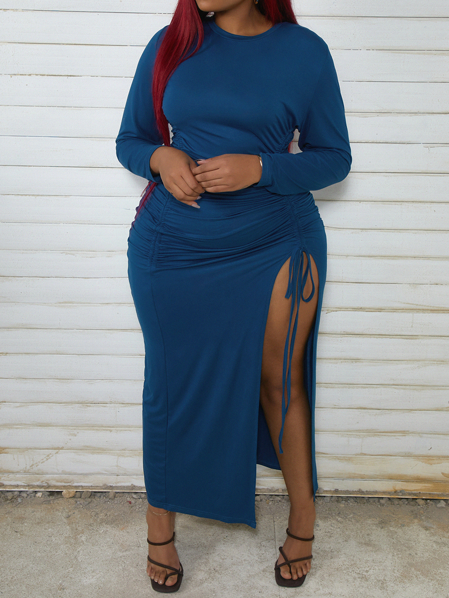 LW Plus Size Velvet Drawstring Ruched Split Dress