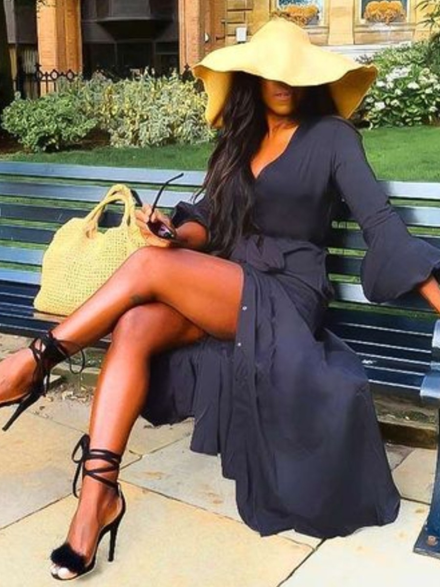 LovelyWholesale Casual V Neck Buttons Design Black Floor Length Dress Fall Casual Bandage Design V Neck Spring Summer 2024