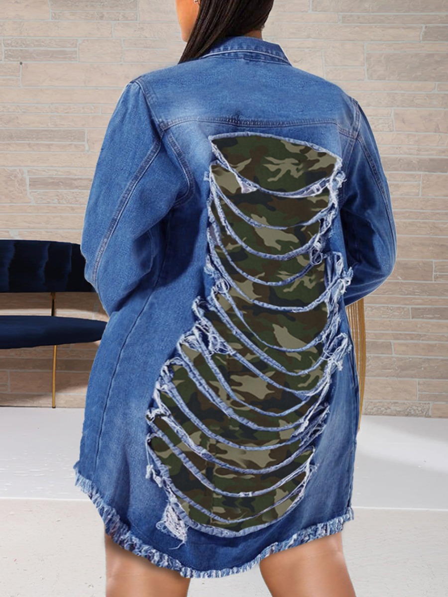 LW Plus Size Camo Print Ripped Denim Coat (No Stretch)