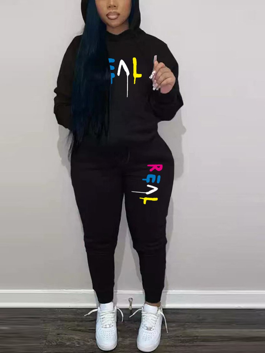 LW Plus Size Letter Print Kangaroo Pocket Tracksui