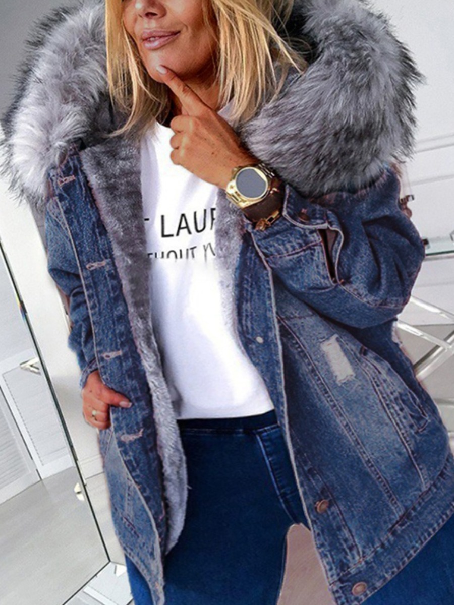 LW Plus Size Hooded Collar Ripped Patchwork Denim Jacket (No Stretch)