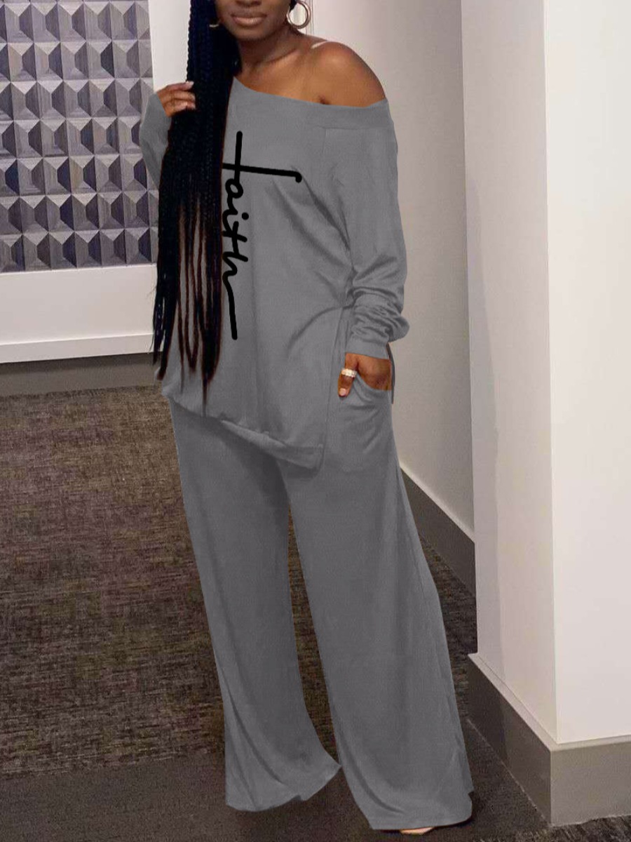 LovelyWholesale Faith Letter Print Wide Leg Pants Set Fall Long Sleeve Casual Split Cold Shoulder Spring Summer 2024