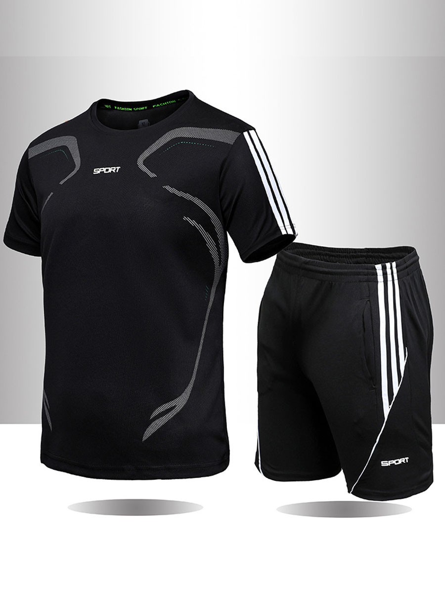 LovelyWholesale Men Letter Print Striped Shorts Set Summer Short Sleeve Sporty Round Neck Spring Summer 2024