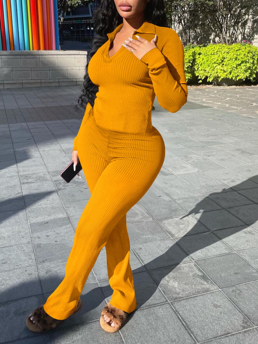 LW Turndown Collar Rib-Knit Pants Set