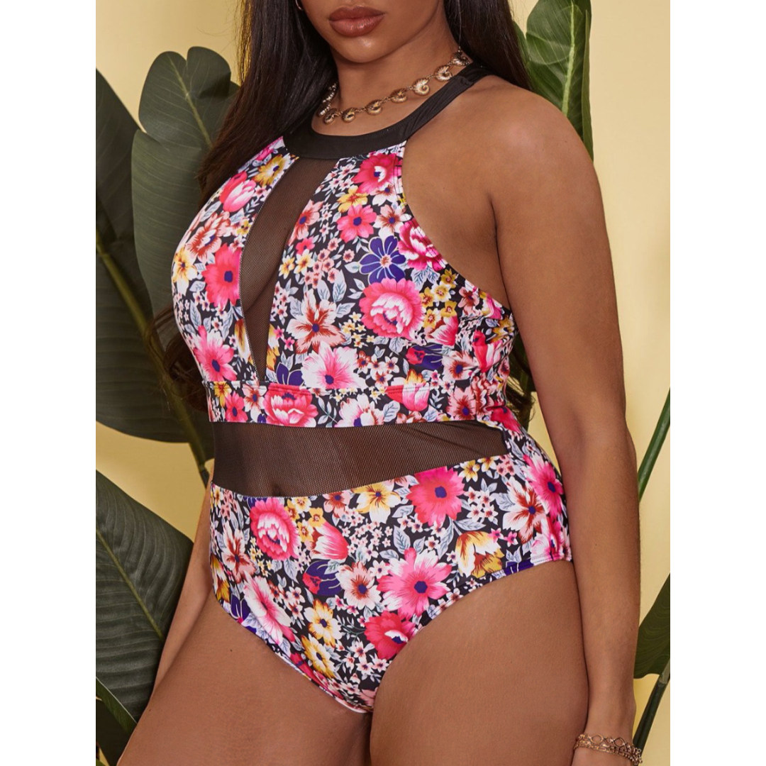 LW Plus Size Floral Print See-through One-piece Swimsuit - $20.49