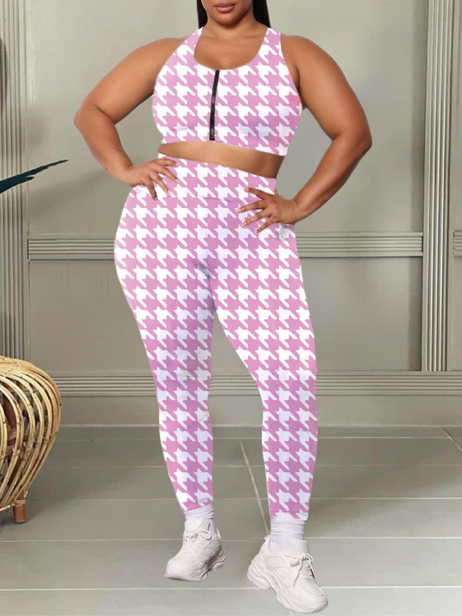 LW Plus Size U Neck Houndstooth Pants Set