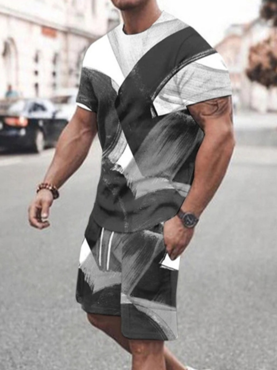 LovelyWholesale COTTON Men Geometric Print Drawstring Shorts Set Summer Short Sleeve Street Round Neck Spring Summer 2024