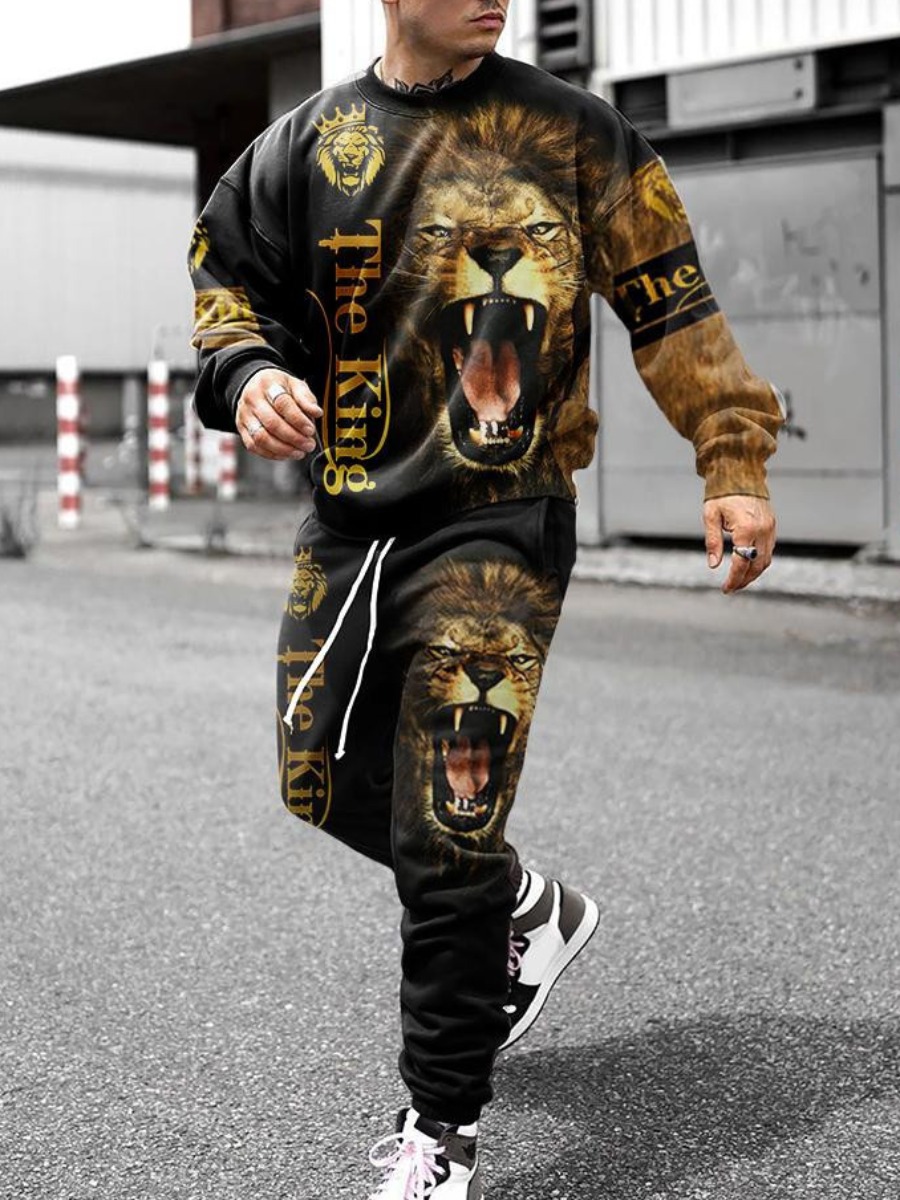 LW COTTON Men Lion Letter Print Tracksuit Set