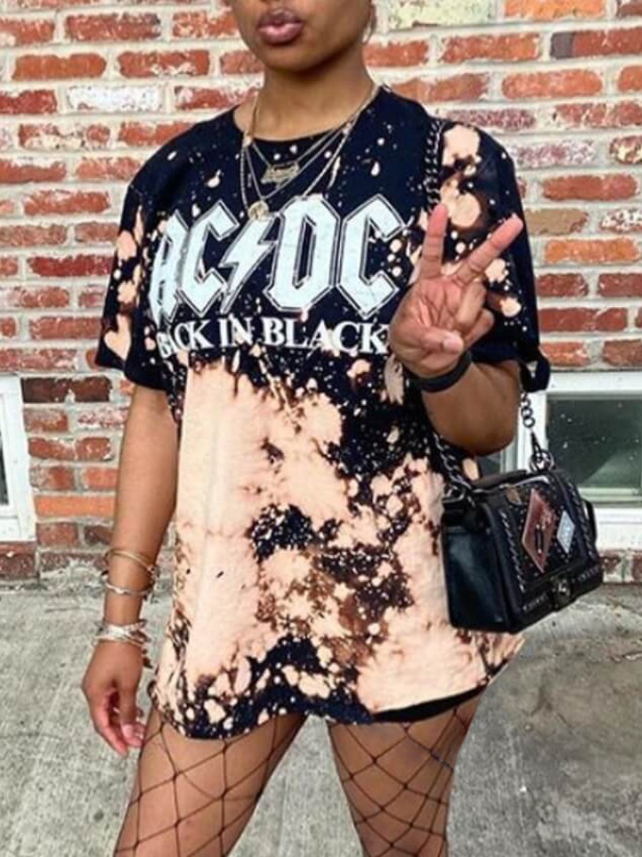 LW Plus Size Casual O Neck Print Black T-shirt