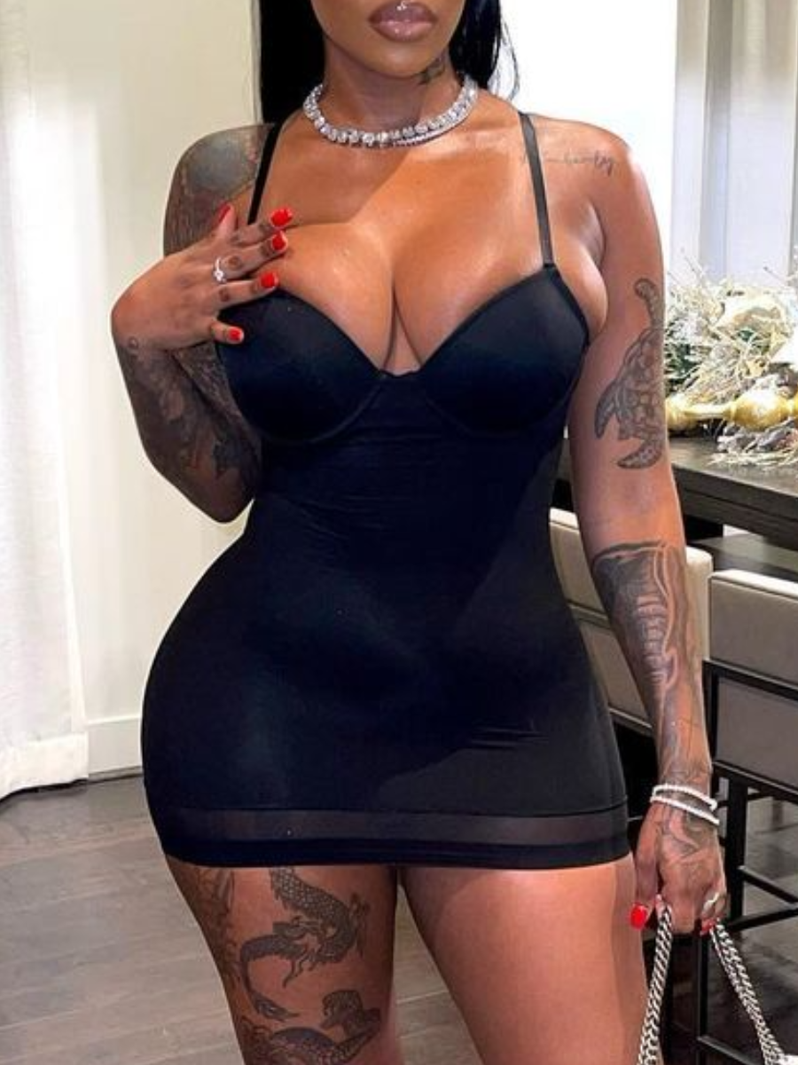 LovelyWholesale SXY See-through Cami Bodycon Dress (With Chest Pad) Summer Sleeveless Sxy Solid Color Spaghetti Strap Spring Summer 2024