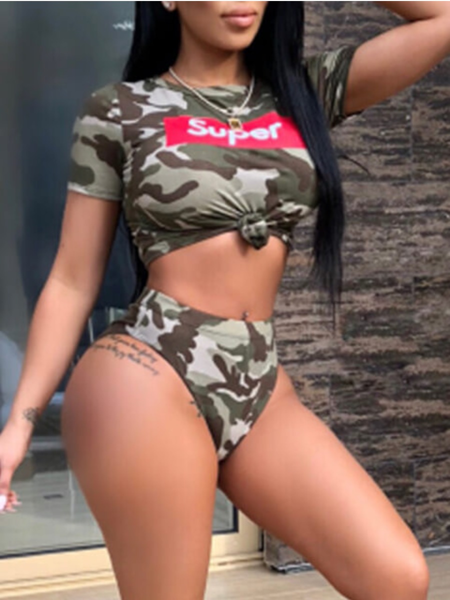 LW SXY Round Neck Camouflage Printed Two-piece Swimwear