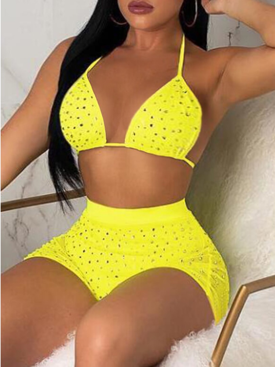 LW See-through Hot Drilling Decor Bikini Set