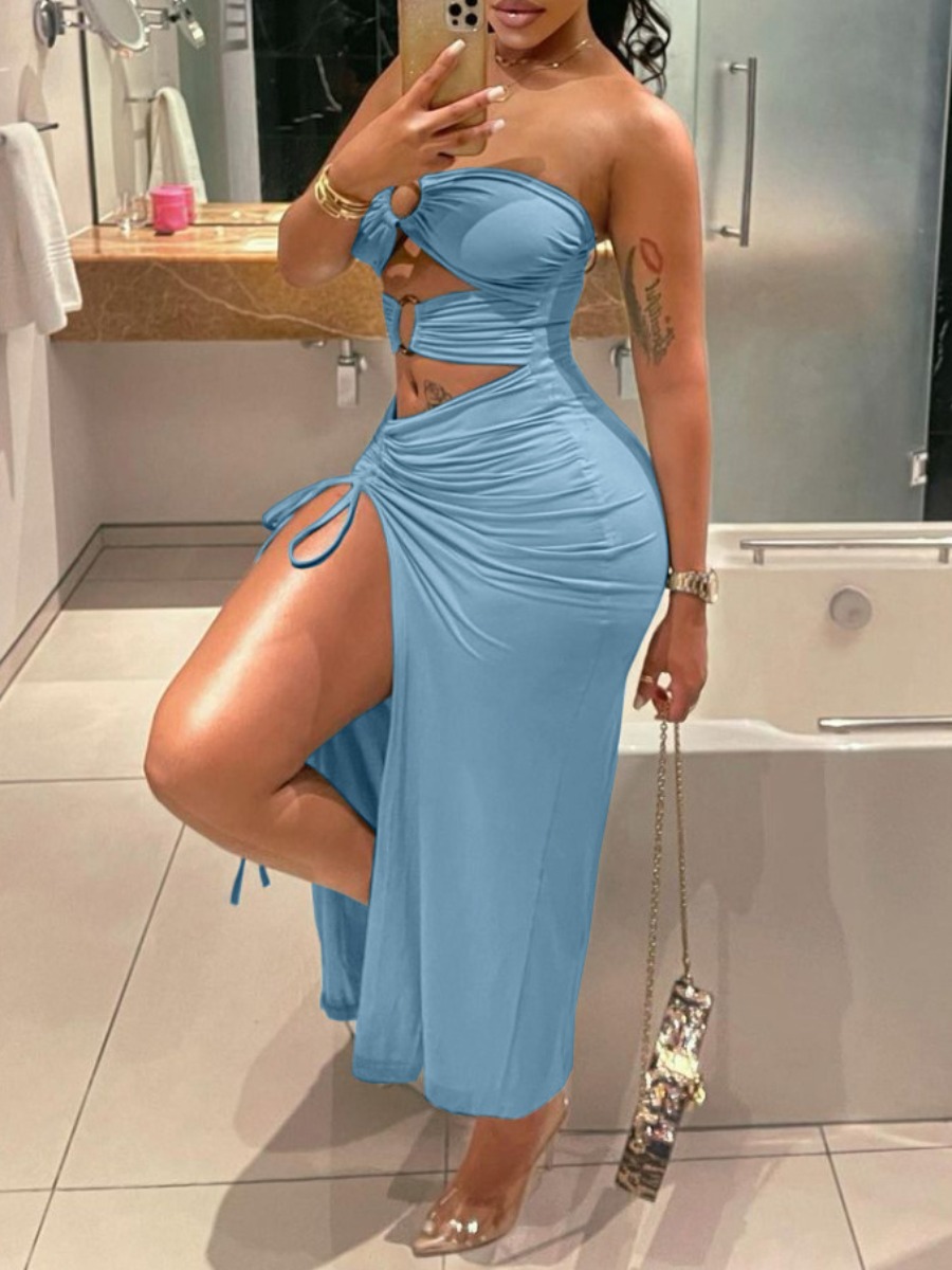 LW Ring Decor Thigh Slit Ruched Dress