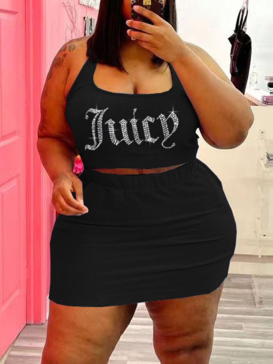LW Plus Size Rhinestone Letter Decor Skirt Set