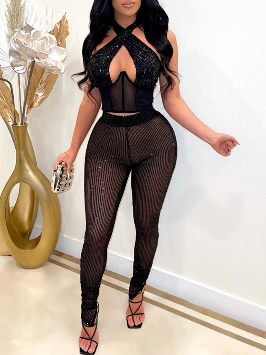 LW SXY Backless Cross Strap See-through Pants Set