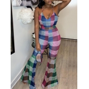 LW SXY Backless Flared Plaid Print Blue One-piece 
