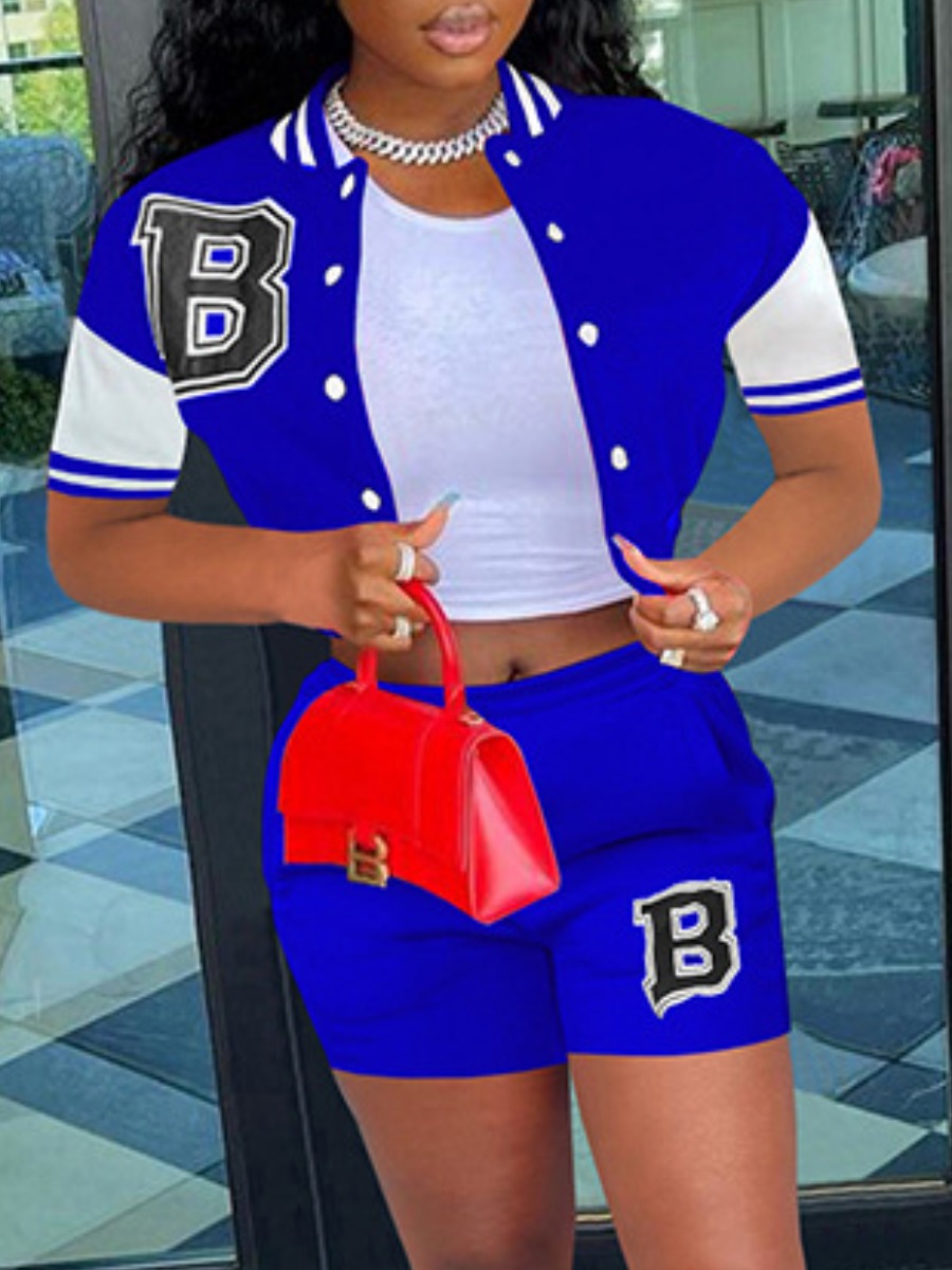 LovelyWholesale Letter Print Striped Shorts Set Summer Short Sleeve Street Patchwork Baseball Collar Spring Summer 2024