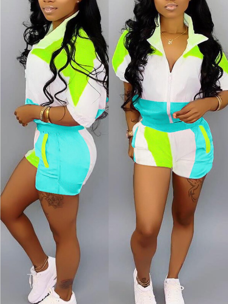 LW Chic Patchwork Blue Two-piece Shorts Set