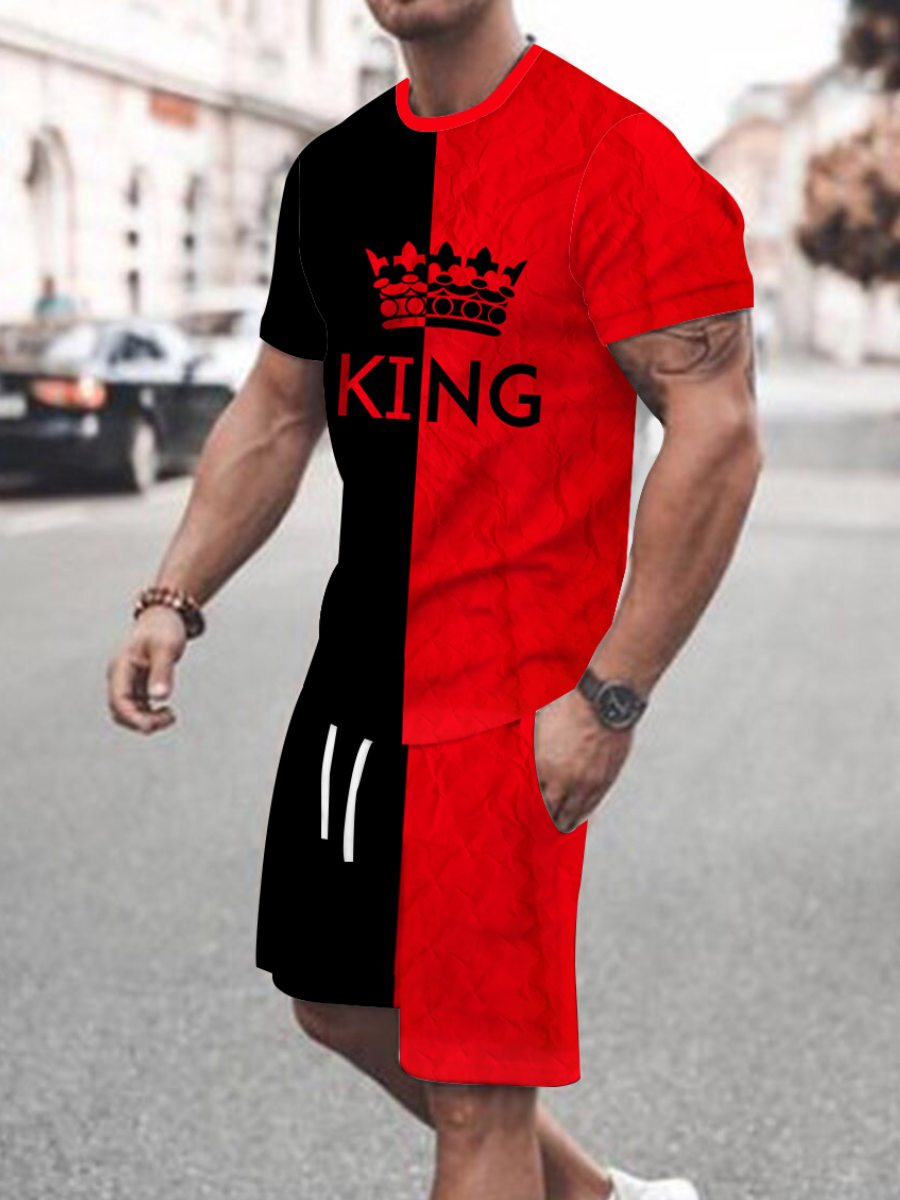LW Men Crown King Print Drawstring Shorts Set