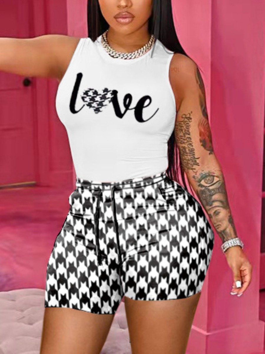 LW Letter Print Houndstooth Shorts Set