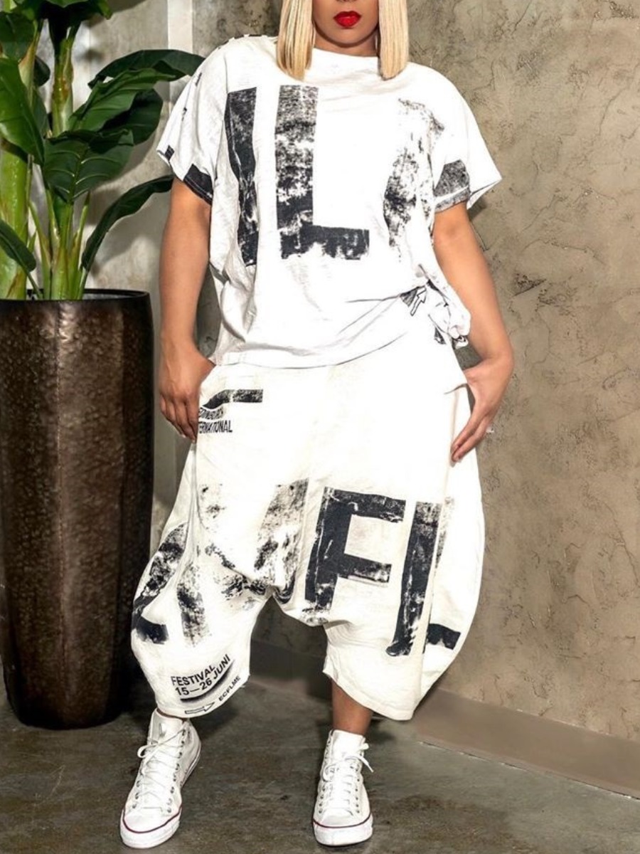 LW Letter Print Loose Harlan Pants Set