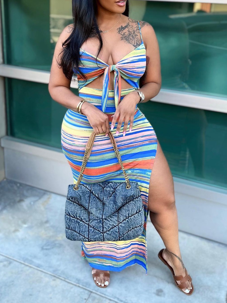 LW Striped Bandage Design Slit Dress