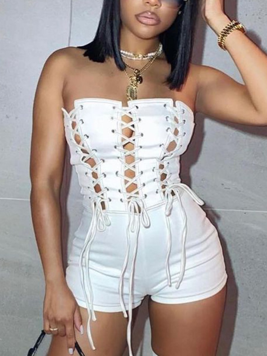 LovelyWholesale Off The Shoulder Bandage Design Romper Summer Sleeveless Sxy Bandage Design Bateau Neck Spring Summer 2024