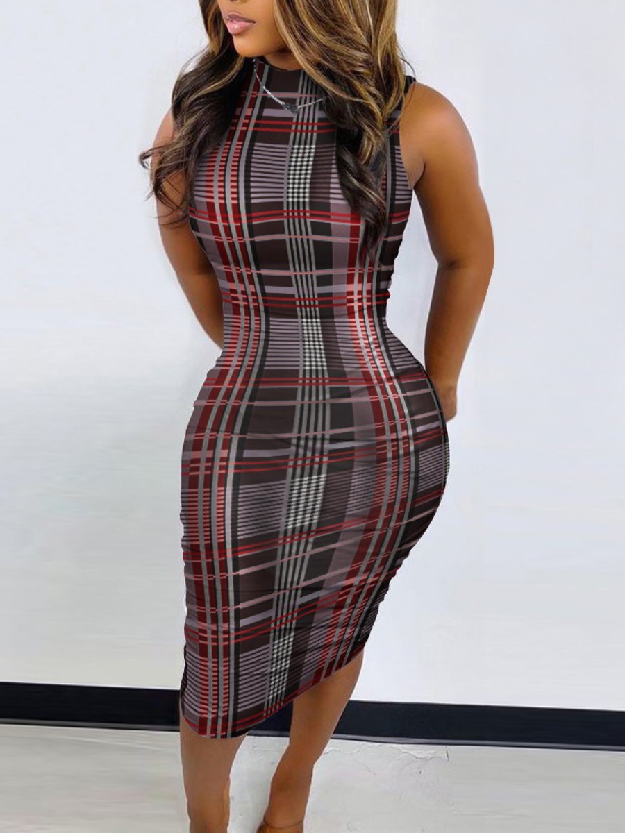 LovelyWholesale Plaid Print Bodycon Dress Summer Short Sleeve Street Pattern Round Neck Spring Summer 2024