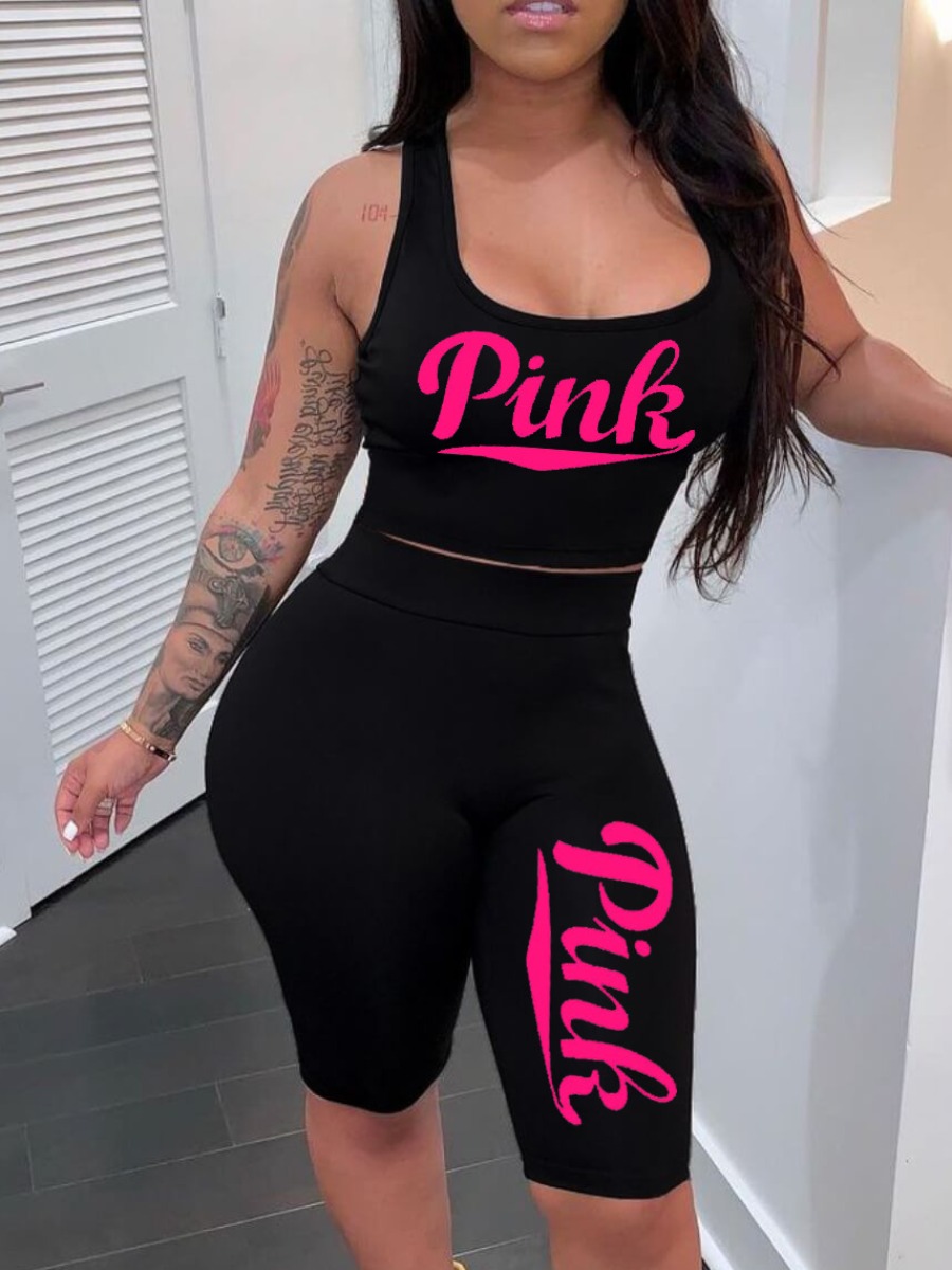 LW Pink Letter Print Shorts Set