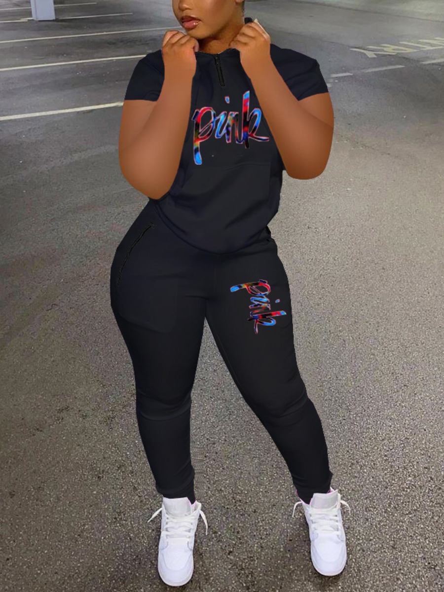 LovelyWholesale Pink Letter Print Pants Set Spring Short Sleeve Casual Pocket Design Mandarin Collar Spring Summer 2024