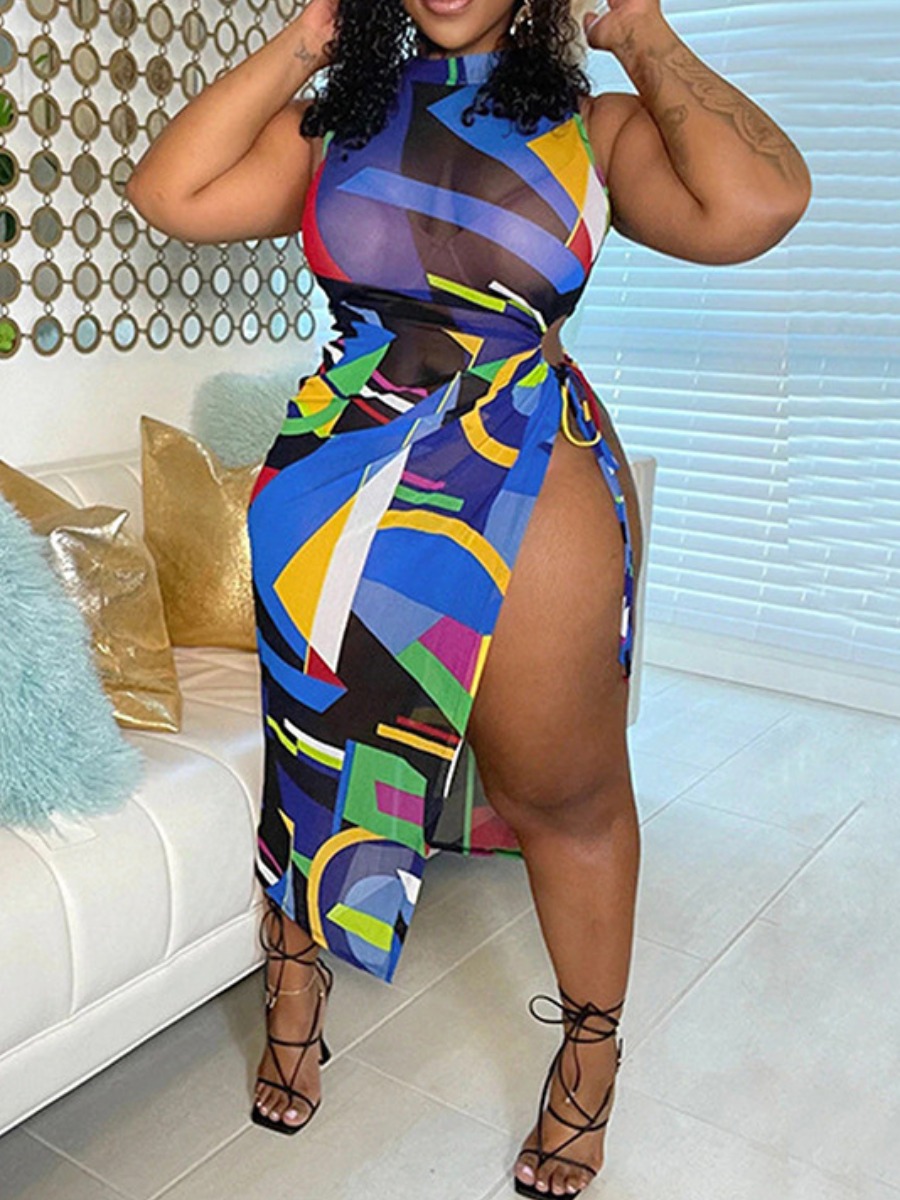 LW Plus Size Geometric Print See-through Thigh Sli