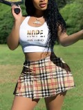 LW Crop Top Plaid Letter Print Skirt Set
