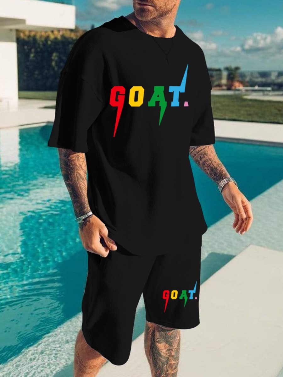 LovelyWholesale Men Goat Letter Print Shorts Set Summer Short Sleeve Casual Round Neck Spring Summer 2024