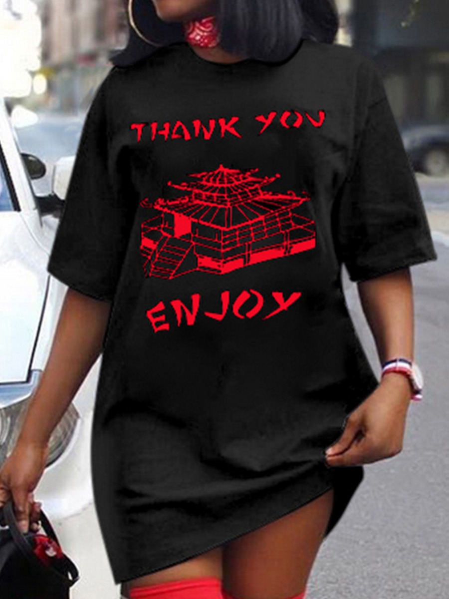 LovelyWholesale Round Neck Geometric Letter Print Dress Summer Short Sleeve Casual Basic Round Neck Spring Summer 2024