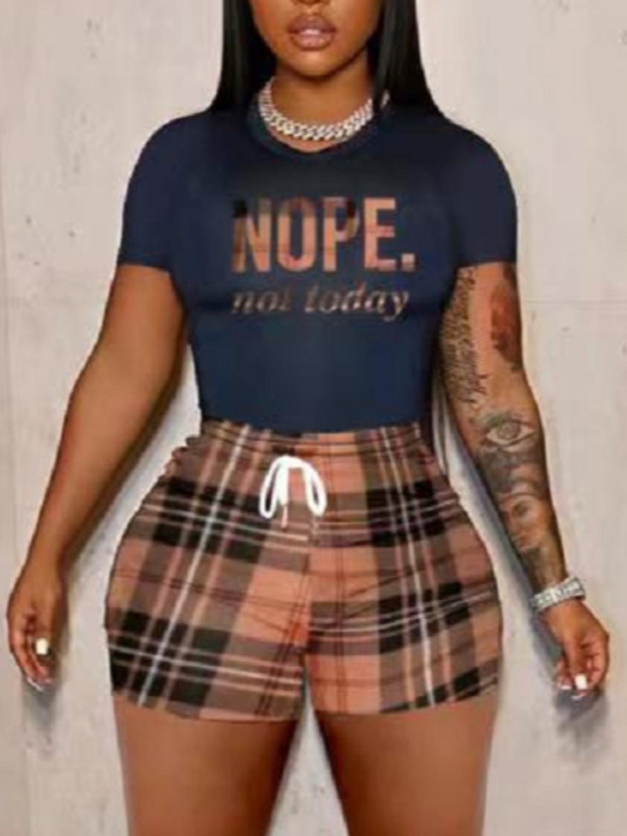 LW Plus Size Plaid Letter Print Drawstring Shorts 