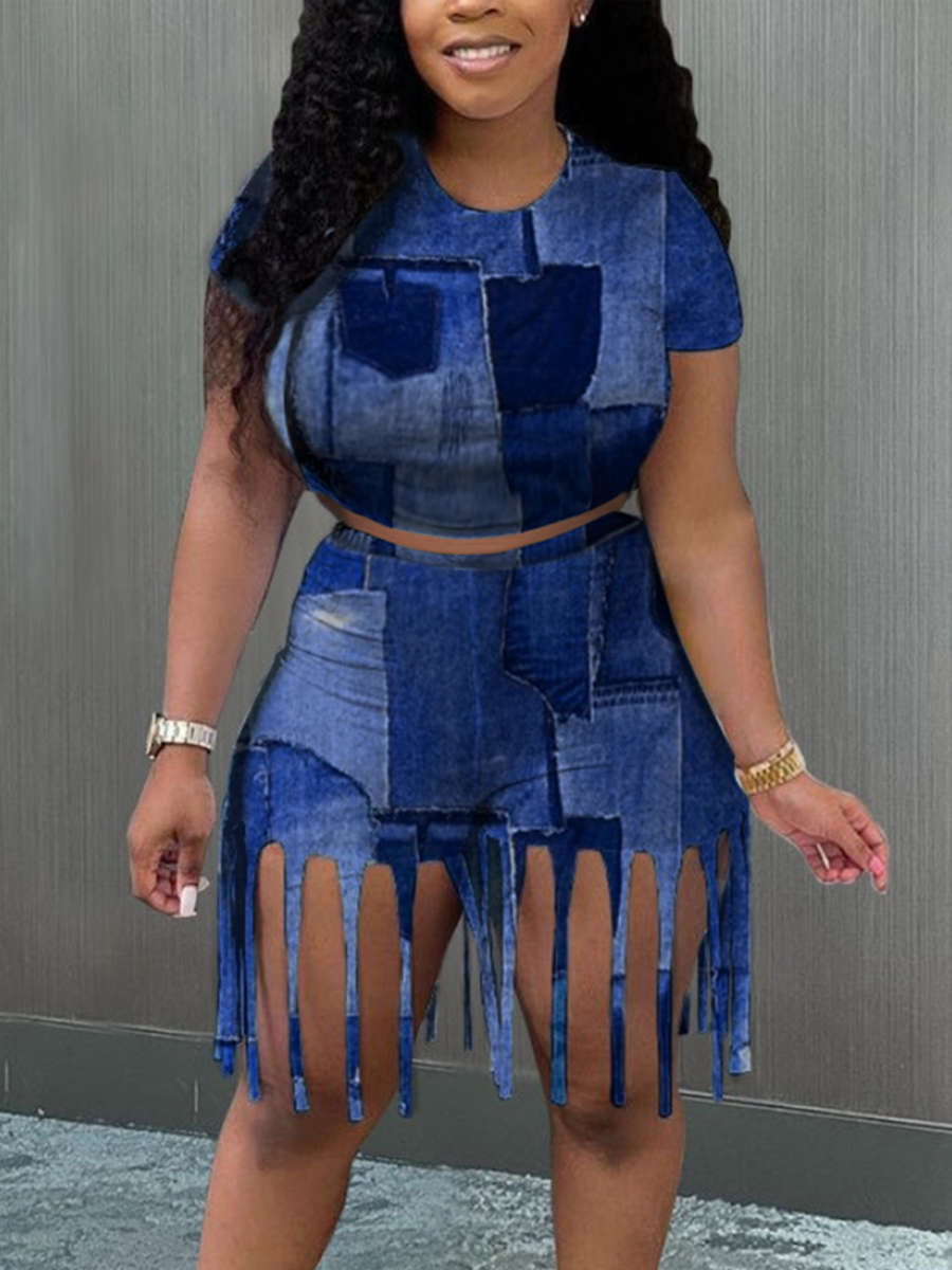 LovelyWholesale Round Neck Tassel Design Two Piece Shorts Set (Imitation Denim) Summer Short Sleeve Street Tassel Design Round Spring Summer 2024