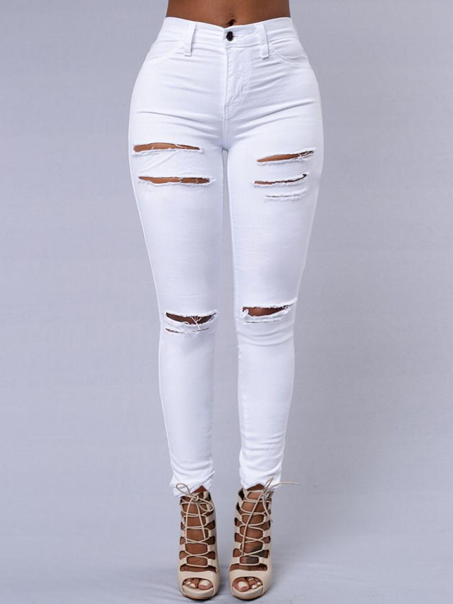 LW High Stretchy Broken Holes White Jeans