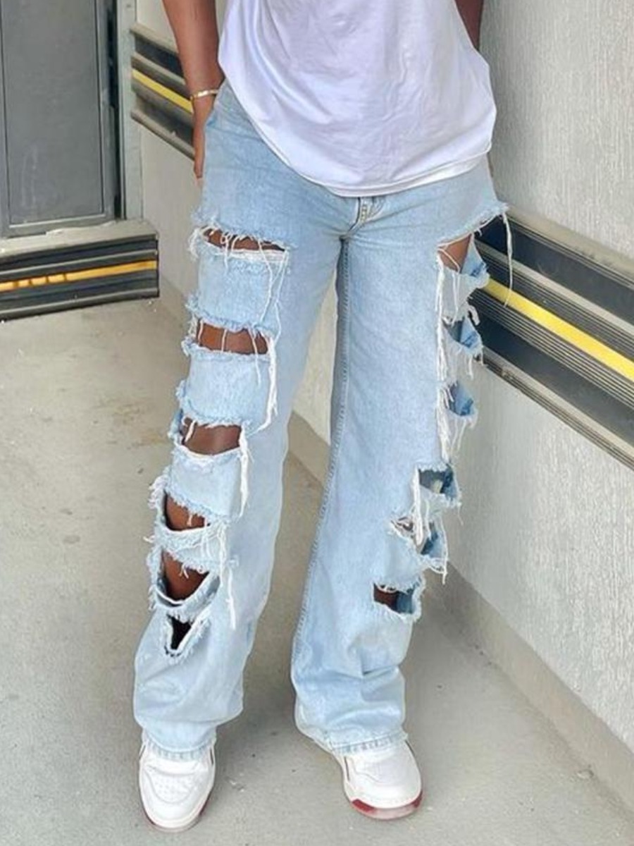 LW Mid Waist Ripped Straight Jeans